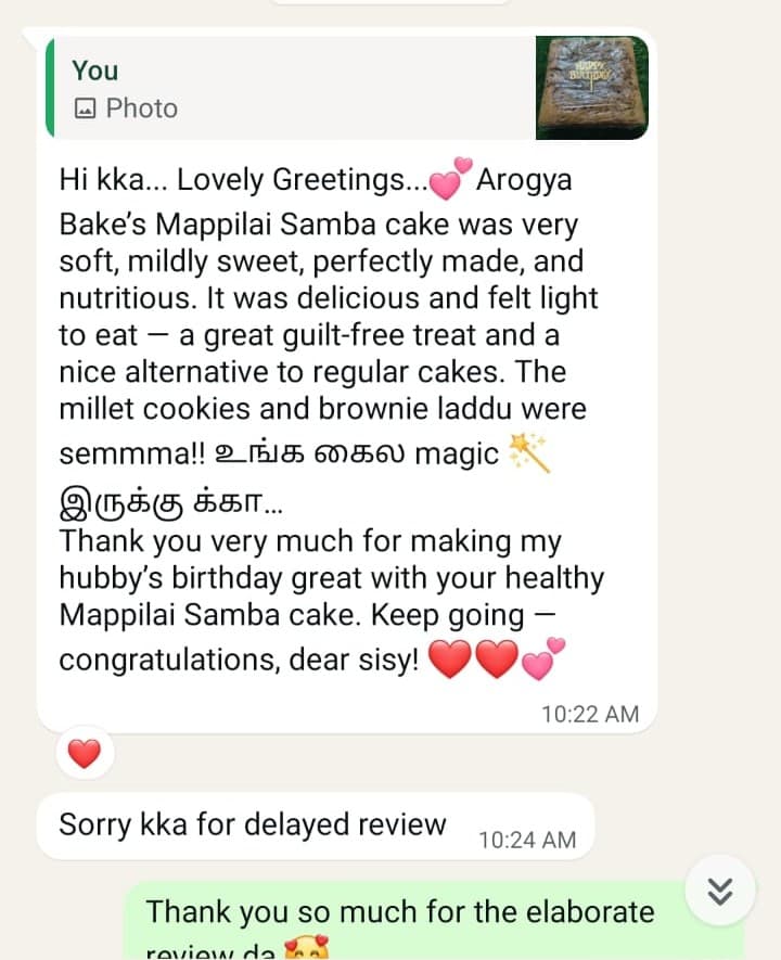 Verified WhatsApp customer feedback for Arogya Bakes & Foods