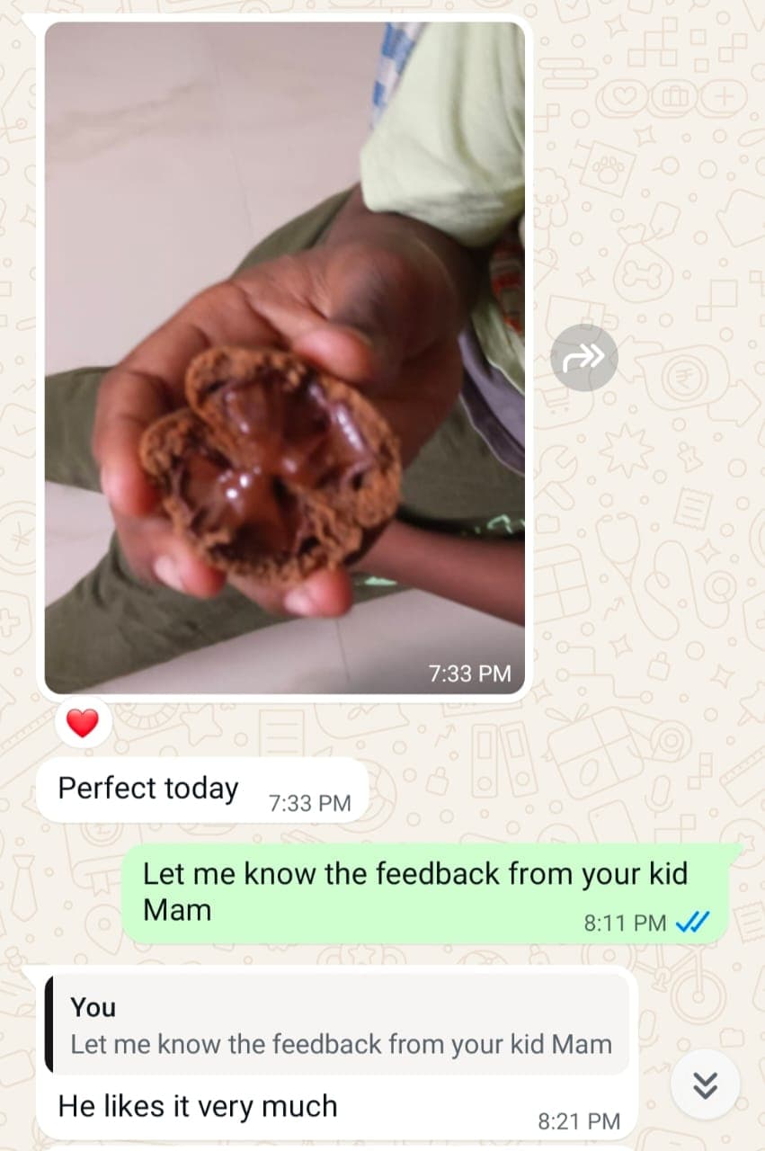 WhatsApp message from an Academy student with a photo of their Chocolate-filled Cookie