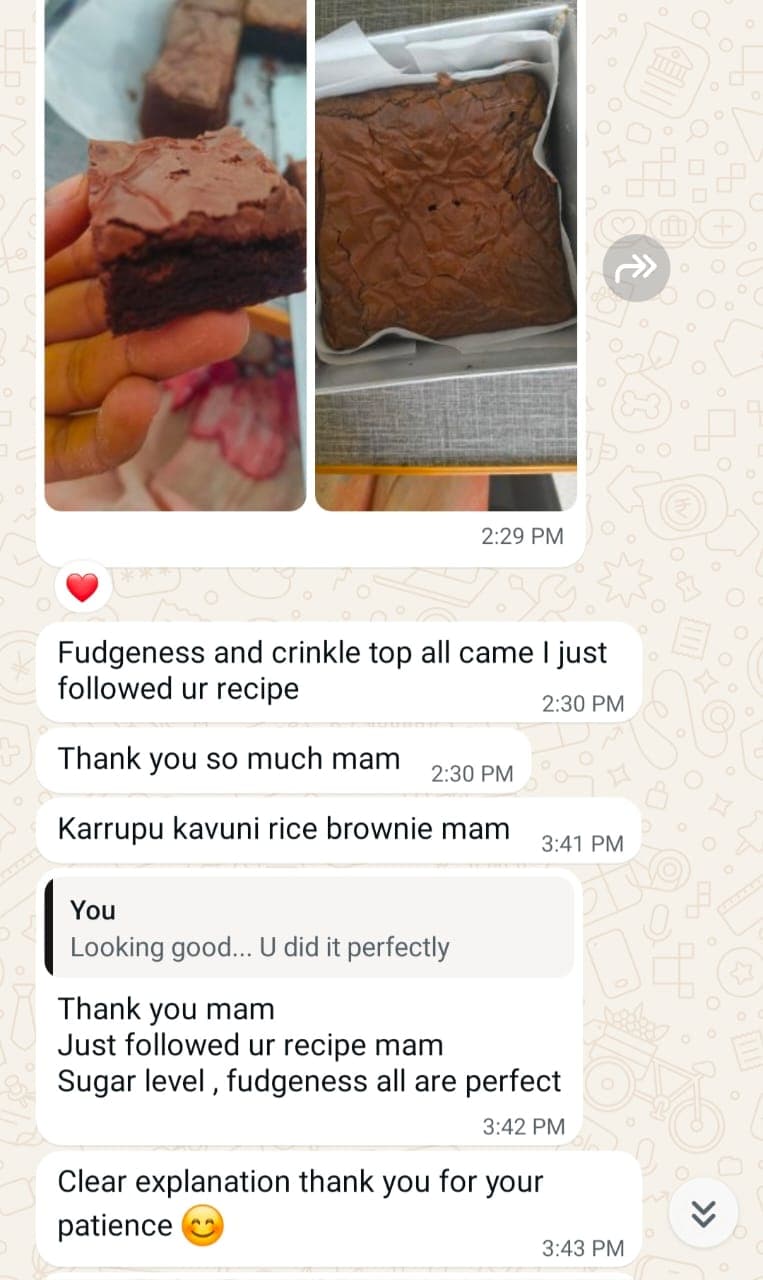 WhatsApp message from an Academy student with a photo of their Karuppu Kavuni Rice Brownie