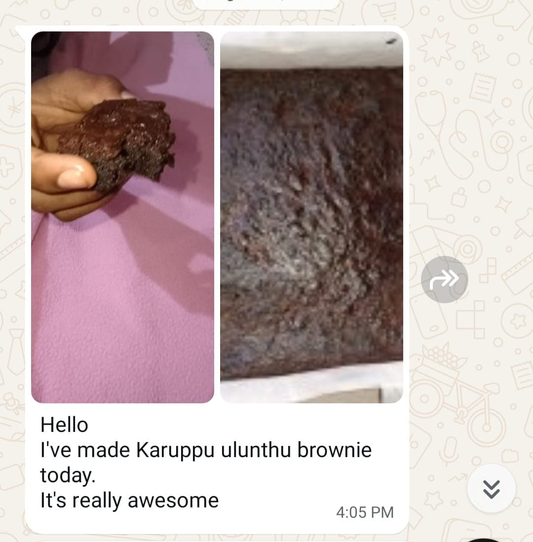 WhatsApp message from an Academy student with a photo of their Karuppu Ulunthu Brownie