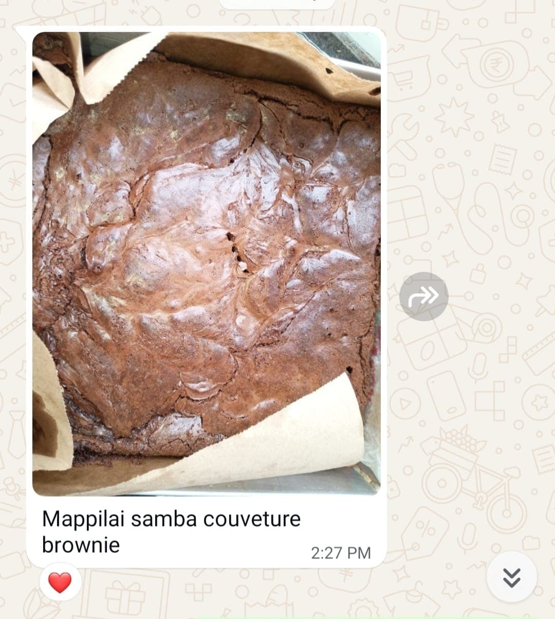 WhatsApp message from an Academy student with a photo of their Mappillai Samba Couverture Brownie