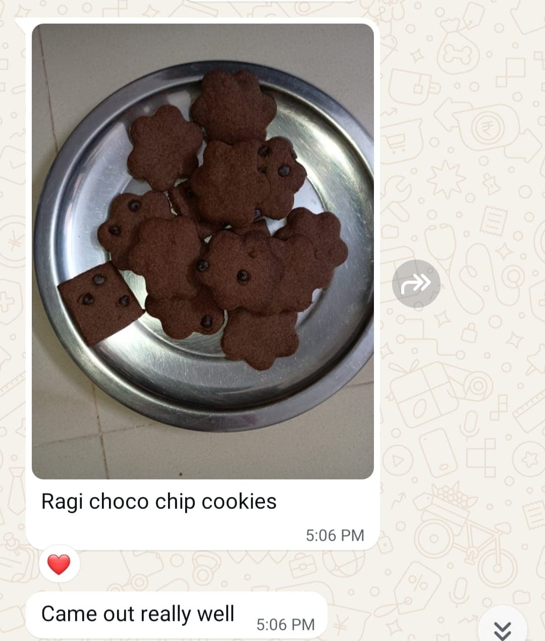 WhatsApp message from an Academy student with a photo of their Ragi Choco Chip Cookies