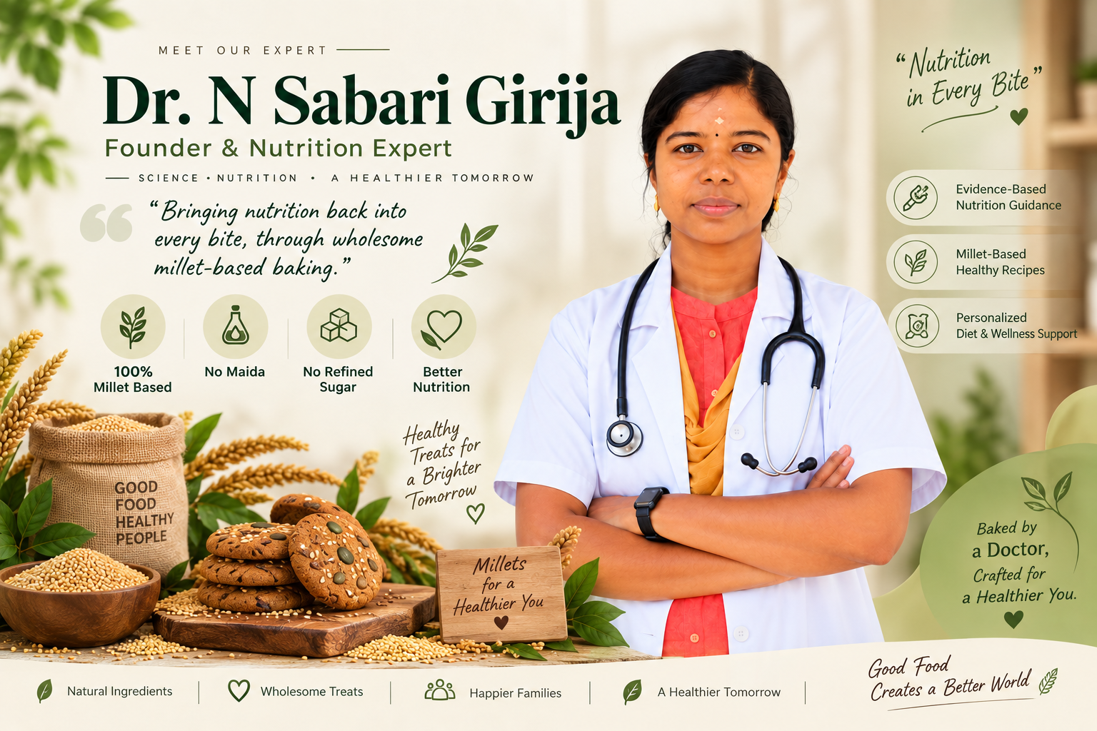 Meet Our Expert Dr. N Sabari Girija - Founder & Nutrition Expert. Bringing nutrition back into every bite, through wholesome millet-based baking.